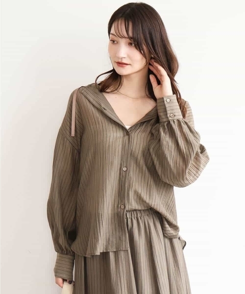 MK MICHEL KLEIN（エムケーミッシェルクラン）の「[洗える]シアーストライプ フーディーシャツブラウス（シャツ/ブラウス・レディース・ブラウン/ベージュ/ピンク・38）」の4枚目の写真