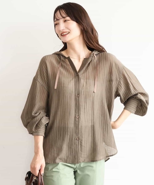 MK MICHEL KLEIN（エムケーミッシェルクラン）の「[洗える]シアーストライプ フーディーシャツブラウス（シャツ/ブラウス・レディース・ブラウン/ベージュ/ピンク・38）」の11枚目の写真