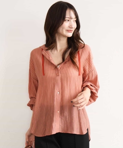 MK MICHEL KLEIN（エムケーミッシェルクラン）の「[洗える]シアーストライプ フーディーシャツブラウス（シャツ/ブラウス・レディース・ブラウン/ベージュ/ピンク・38）」の15枚目の写真