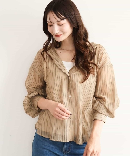MK MICHEL KLEIN（エムケーミッシェルクラン）の「[洗える]シアーストライプ フーディーシャツブラウス（シャツ/ブラウス・レディース・ブラウン/ベージュ/ピンク・38）」の18枚目の写真