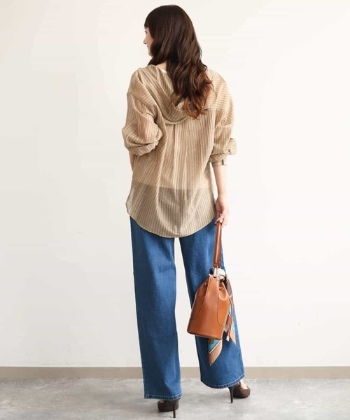 MK MICHEL KLEIN（エムケーミッシェルクラン）の「[洗える]シアーストライプ フーディーシャツブラウス（シャツ/ブラウス・レディース・ブラウン/ベージュ/ピンク・38）」の21枚目の写真