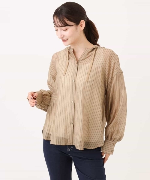 MK MICHEL KLEIN（エムケーミッシェルクラン）の「[洗える]シアーストライプ フーディーシャツブラウス（シャツ/ブラウス・レディース・ブラウン/ベージュ/ピンク・38）」の22枚目の写真