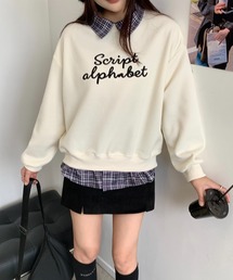 【秋冬新作】4色展開 手書き風英字ロゴ チェック柄フェイクレイヤードスウェット