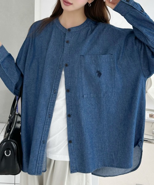 U.S. POLO ASSN.（ユーエスポロアッスン）の「【Ada.別注 U.S.POLO ASSN.】バンドカラー オーバーサイズ デニム シャツ（シャツ/ブラウス・レディース・ネイビー/ブルー/ライトブルー・M/L）」の6枚目の写真