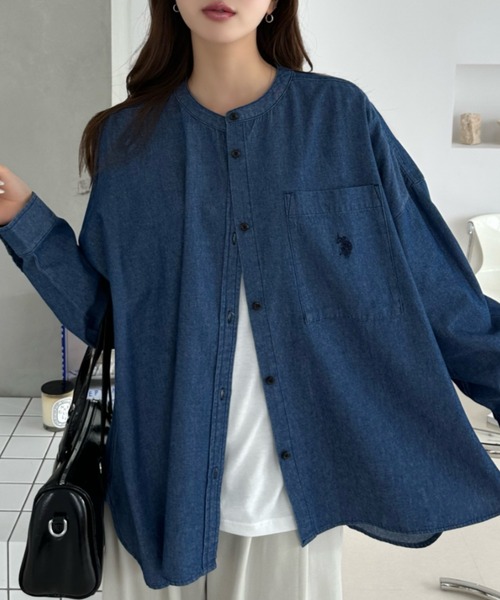 U.S. POLO ASSN.（ユーエスポロアッスン）の「【Ada.別注 U.S.POLO ASSN.】バンドカラー オーバーサイズ デニム シャツ（シャツ/ブラウス・レディース・ネイビー/ブルー/ライトブルー・M/L）」の7枚目の写真
