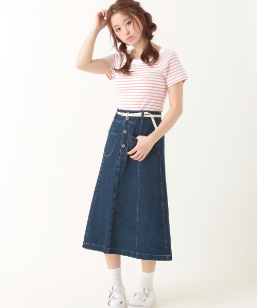 earth music&ecology（アースミュージックアンドエコロジー）の「デニムロングスカート（デニムスカート・レディース・オフホワイト/インディゴブルー/ライトインディゴブルー・SMALL/MEDIUM）」の2枚目の写真