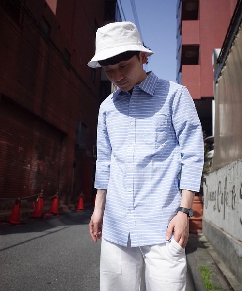 rovtski（ロフトスキー）の「綿麻シャンブレー細ボーダーシャツ（シャツ/ブラウス・メンズ・ブルー/ホワイト/オレンジ・LARGE/MEDIUM）」の7枚目の写真