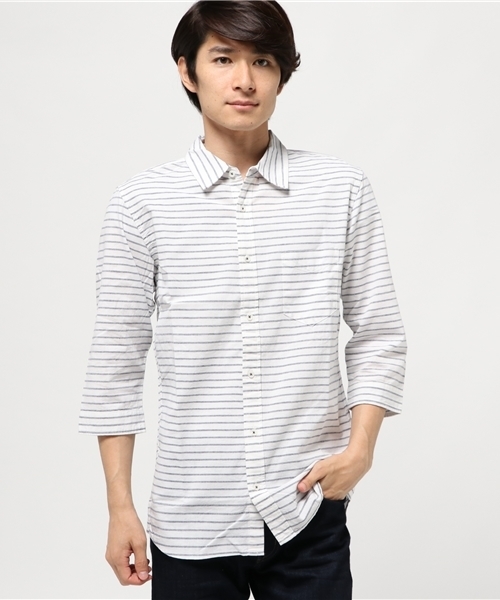 rovtski（ロフトスキー）の「綿麻シャンブレー細ボーダーシャツ（シャツ/ブラウス・メンズ・ブルー/ホワイト/オレンジ・LARGE/MEDIUM）」の2枚目の写真