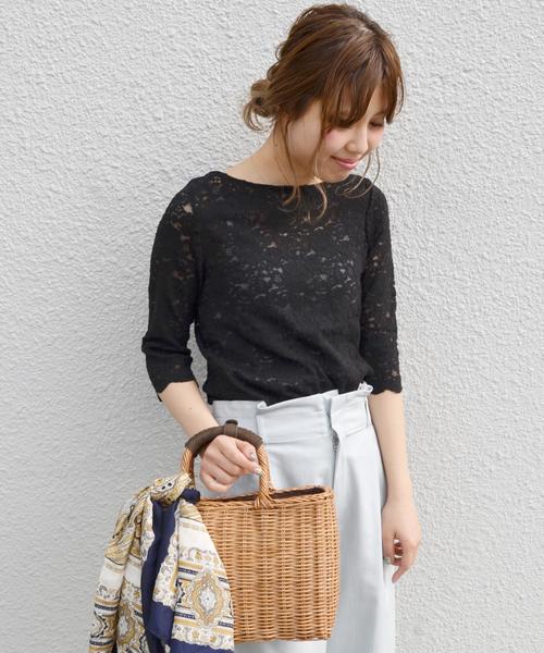 Khaju（カージュ）の「Khaju:レース5スリーブトップス◇（Tシャツ/カットソー・レディース・ブラック/ホワイト・ONE SIZE）」の2枚目の写真