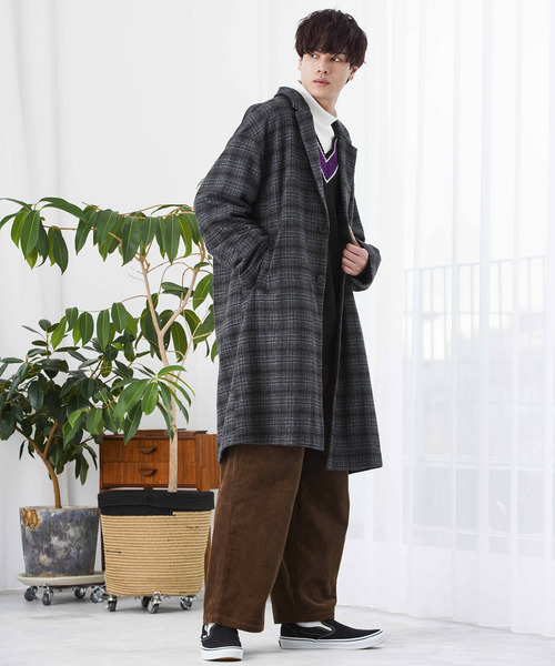 WEGO（ウィゴー）の「WEGO/チェックオーバーコート（チェスターコート・メンズ・ブラウン系その他2/グレー系その他2/ブルー系その他・MEDIUM/LARGE）」の5枚目の写真