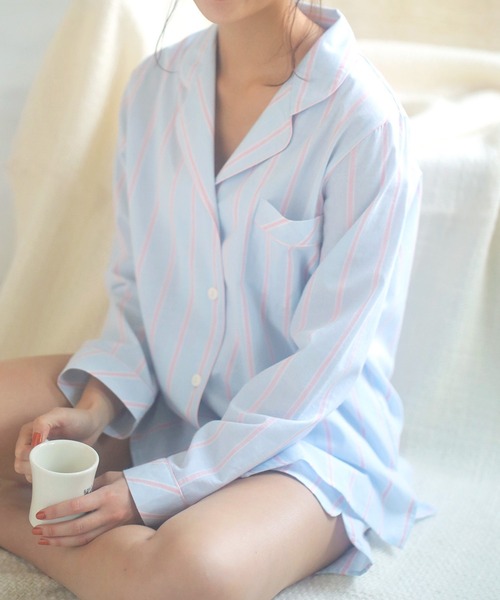 YU'NOW(ユナウ)の「テーラーシャツパジャマ3点セット【コットンたっぷりで、お肌にやさしく】(ルームウェア/パジャマ・レディース・サックスブルー/オフホワイト/ピンク/パープル/ホワイト×イエロー/チェック・X-LARGE/MEDIUM/LARGE)」の15枚目の写真
