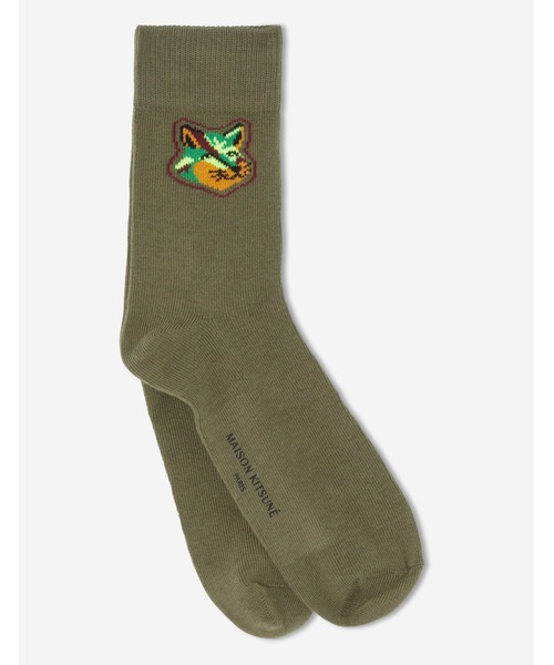 Maison Kitsune(メゾンキツネ)の「NEON FOX HEAD SOCKS(ソックス/靴下・メンズ・カーキ/ライトグリーン/イエロー・S/M)」の1枚目の写真