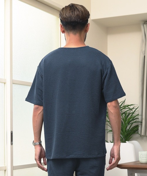 jiggys shop（ジギーズショップ）の「シアサッカーヘンリーネックルームウエア [セットアップ] プレゼント ギフト（ルームウェア/パジャマ・メンズ・ブラック/ネイビー/ホワイト×グレー/ホワイト×ネイビー・MEDIUM/LARGE/X-LARGE）」の8枚目の写真