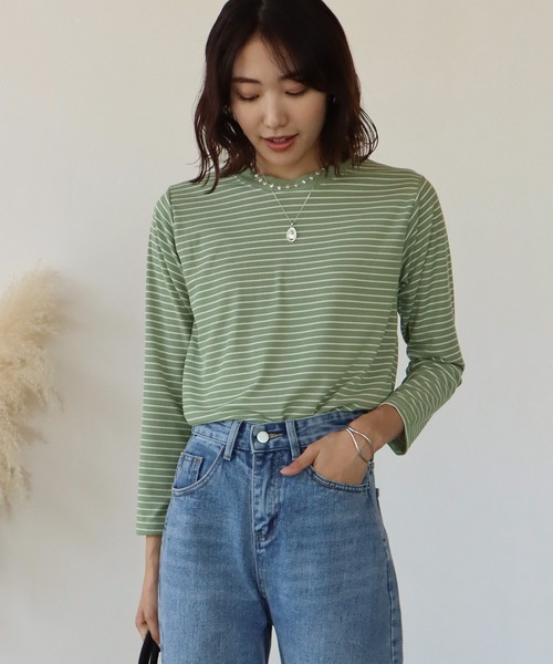 BLUEEAST（ブルーイースト）の「長袖リブボーダートップス（Tシャツ/カットソー・レディース・ホワイト/ブラック/ブラウン/ベージュ/カーキ・MEDIUM）」の5枚目の写真