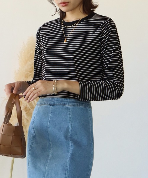 BLUEEAST（ブルーイースト）の「長袖リブボーダートップス（Tシャツ/カットソー・レディース・ホワイト/ブラック/ブラウン/ベージュ/カーキ・MEDIUM）」の6枚目の写真