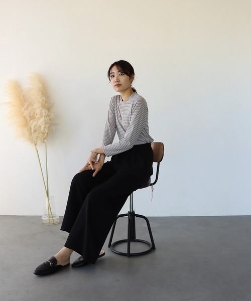 BLUEEAST（ブルーイースト）の「長袖リブボーダートップス（Tシャツ/カットソー・レディース・ホワイト/ブラック/ブラウン/ベージュ/カーキ・MEDIUM）」の8枚目の写真