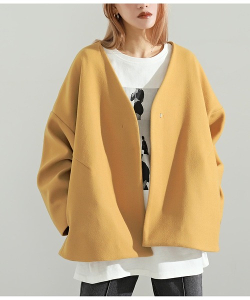 ◆新品、タグ付き◆ Vin ノーカラーウールショートコート　オレンジ　日本製 日本製】柔らく軽い！上品で女性らしいノーカラーコート