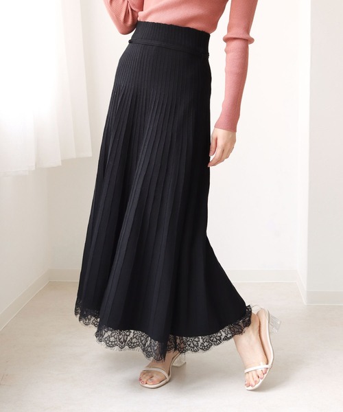 HER CLOSET(ハークローゼット)の「【TWENTY THREE】ウエストリボン裾レースプリーツデザインニットスカート(スカート・レディース・アイボリー/ブラック/モカ/ミント・FREE)」の3枚目の写真