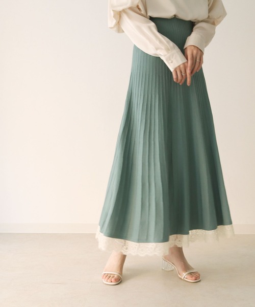 HER CLOSET(ハークローゼット)の「【TWENTY THREE】ウエストリボン裾レースプリーツデザインニットスカート(スカート・レディース・アイボリー/ブラック/モカ/ミント・FREE)」の11枚目の写真