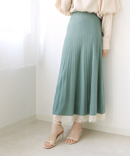 HER CLOSET(ハークローゼット)の「【TWENTY THREE】ウエストリボン裾レースプリーツデザインニットスカート(スカート・レディース・アイボリー/ブラック/モカ/ミント・FREE)」の16枚目の写真