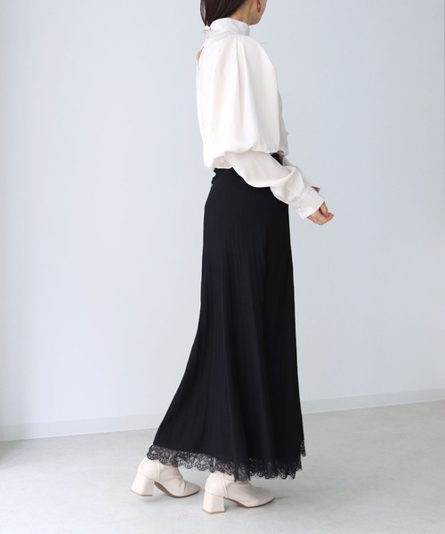 HER CLOSET(ハークローゼット)の「【TWENTY THREE】ウエストリボン裾レースプリーツデザインニットスカート(スカート・レディース・アイボリー/ブラック/モカ/ミント・FREE)」の9枚目の写真
