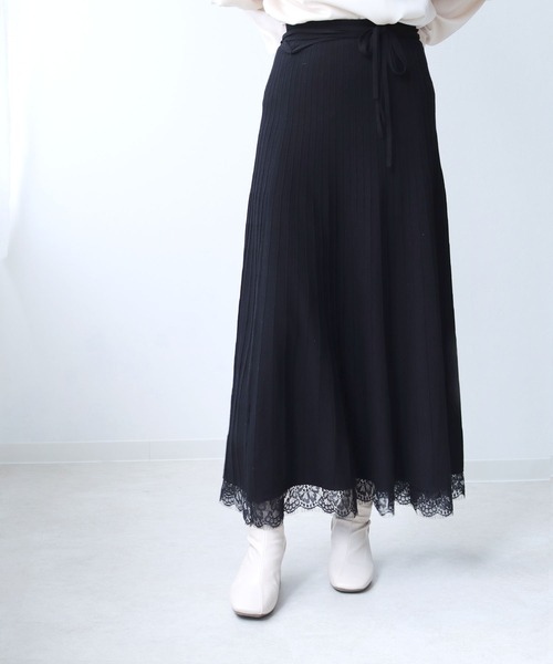 HER CLOSET(ハークローゼット)の「【TWENTY THREE】ウエストリボン裾レースプリーツデザインニットスカート(スカート・レディース・アイボリー/ブラック/モカ/ミント・FREE)」の14枚目の写真