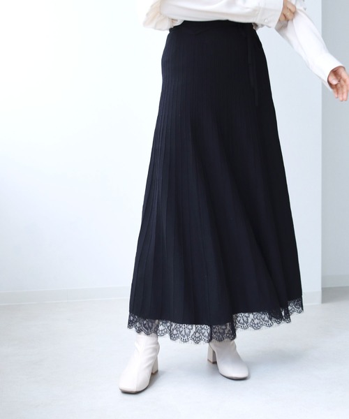 HER CLOSET(ハークローゼット)の「【TWENTY THREE】ウエストリボン裾レースプリーツデザインニットスカート(スカート・レディース・アイボリー/ブラック/モカ/ミント・FREE)」の5枚目の写真