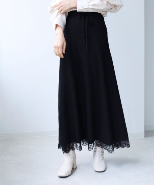 HER CLOSET(ハークローゼット)の「【TWENTY THREE】ウエストリボン裾レースプリーツデザインニットスカート(スカート・レディース・アイボリー/ブラック/モカ/ミント・FREE)」の22枚目の写真