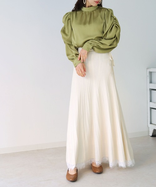 HER CLOSET(ハークローゼット)の「【TWENTY THREE】ウエストリボン裾レースプリーツデザインニットスカート(スカート・レディース・アイボリー/ブラック/モカ/ミント・FREE)」の8枚目の写真