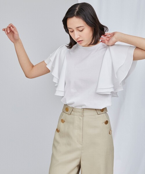 Diagram(ダイアグラム)の「デシンフリルトップ(Tシャツ/カットソー・レディース・グリーン/ブラック/ホワイト・36)」の1枚目の写真