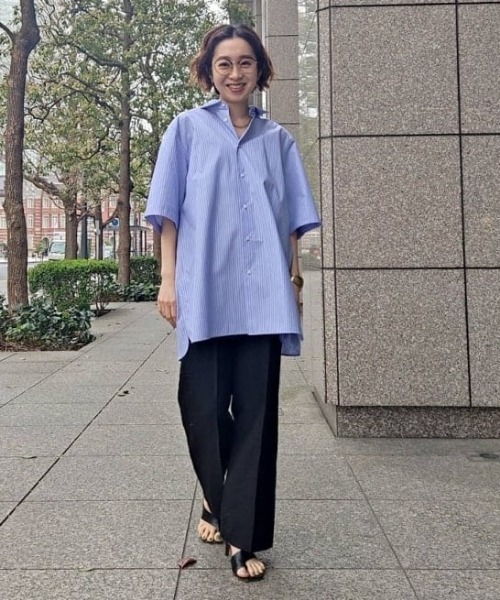 ATON ギザコットン ストライプ 半袖シャツ ATON シャツ 「ATON/エイトン」GIZA STRIPE OVERSIZED SHIRT