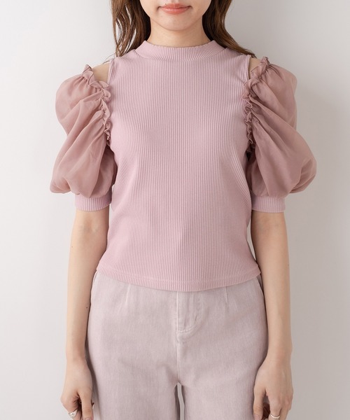 OLIVE des OLIVE（オリーブデオリーブ）の「袖異素材プルオーバー/カットアウトトップス（Tシャツ/カットソー・レディース・ライトグレー/ブラック/パープル/オフホワイト・FREE）」の11枚目の写真