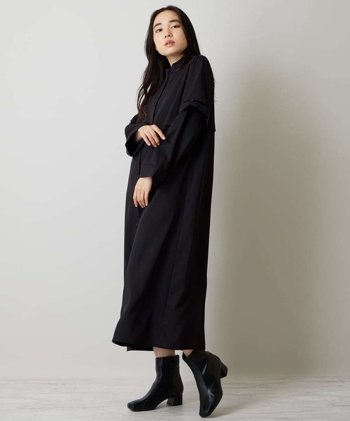 A de a.v.v（アードアー・ヴェ・ヴェ）の「チラ見えスリットカラーレイヤード風ワンピース（ワンピース・レディース・ブラック/ネイビー・SMALL/MEDIUM）」の4枚目の写真