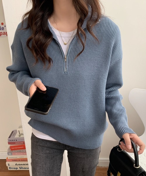 ECLIN(エクラン)の「ハーフジップ畦編みニットプルオーバー(ニット/セーター・レディース・チャコールグレー/ブラック/ベージュ/ブルーグレー/ネイビー/ピンク/イエロー・FREE)」の3枚目の写真