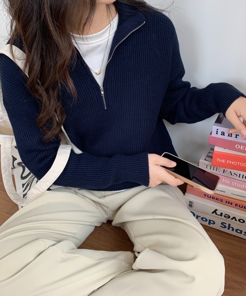 ECLIN(エクラン)の「ハーフジップ畦編みニットプルオーバー(ニット/セーター・レディース・チャコールグレー/ブラック/ベージュ/ブルーグレー/ネイビー/ピンク/イエロー・FREE)」の20枚目の写真