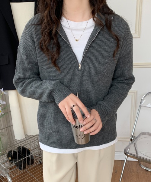 ECLIN(エクラン)の「ハーフジップ畦編みニットプルオーバー(ニット/セーター・レディース・チャコールグレー/ブラック/ベージュ/ブルーグレー/ネイビー/ピンク/イエロー・FREE)」の14枚目の写真