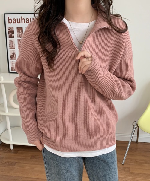 ECLIN(エクラン)の「ハーフジップ畦編みニットプルオーバー(ニット/セーター・レディース・チャコールグレー/ブラック/ベージュ/ブルーグレー/ネイビー/ピンク/イエロー・FREE)」の10枚目の写真