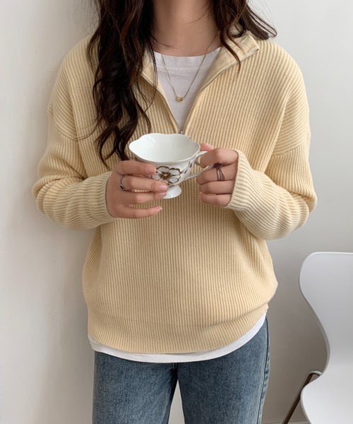 ECLIN(エクラン)の「ハーフジップ畦編みニットプルオーバー(ニット/セーター・レディース・チャコールグレー/ブラック/ベージュ/ブルーグレー/ネイビー/ピンク/イエロー・FREE)」の19枚目の写真