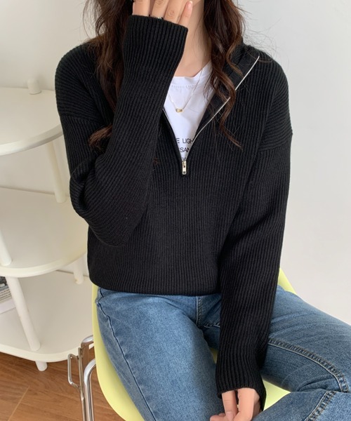 ECLIN(エクラン)の「ハーフジップ畦編みニットプルオーバー(ニット/セーター・レディース・チャコールグレー/ブラック/ベージュ/ブルーグレー/ネイビー/ピンク/イエロー・FREE)」の18枚目の写真