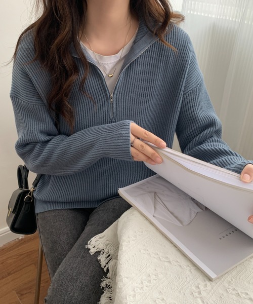 ECLIN(エクラン)の「ハーフジップ畦編みニットプルオーバー(ニット/セーター・レディース・チャコールグレー/ブラック/ベージュ/ブルーグレー/ネイビー/ピンク/イエロー・FREE)」の17枚目の写真