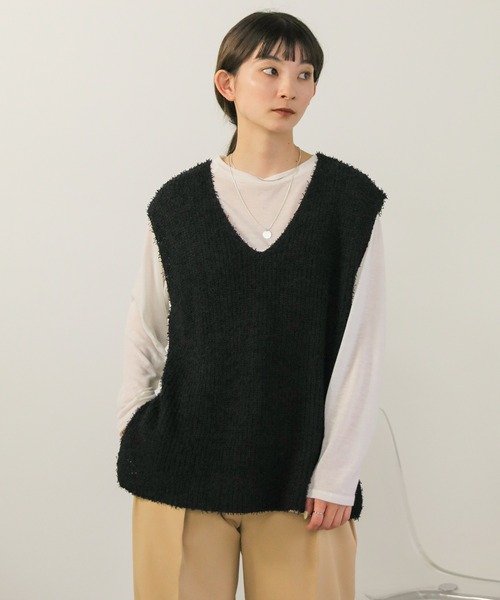 select MOCA（セレクトモカ）の「Vネックカールヤーンベスト（ベスト・レディース・グリーン/ブラック/オフホワイト・FREE）」の13枚目の写真