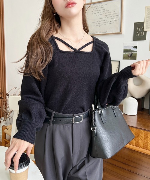 セール】ホルタースクエアネックボリュームスリーブもちもちニットプル