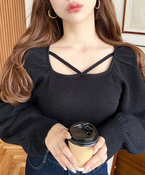 セール】ホルタースクエアネックボリュームスリーブもちもちニットプル