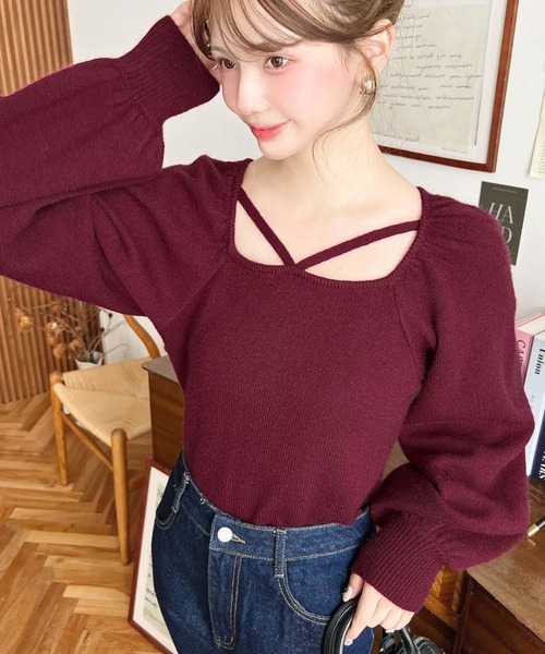 セール】ホルタースクエアネックボリュームスリーブもちもちニットプル