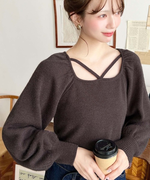 新品タグ付き　H スクエアネック ハーフスリーブ ニットプルオーバー セール】ホルタースクエアネックボリュームスリーブもちもちニットプル