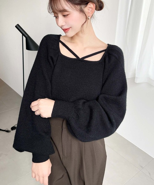 セール】ホルタースクエアネックボリュームスリーブもちもちニットプル
