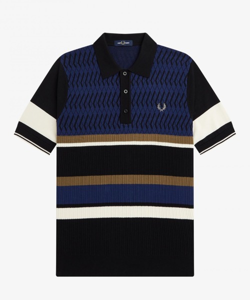 FRED PERRY フレッドペリー Argyle Panel Knitted Argyle Knitted Shirt - Black | Men's Knitwear | Jumpers