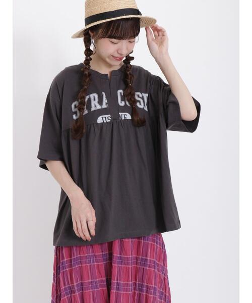 Samansa Mos2（サマンサ モスモス）の「ロゴプリント切替ギャザースキッパーTシャツ（Tシャツ/カットソー・レディース・ブルー/キナリ/チャコールグレー/グレー・F）」の3枚目の写真