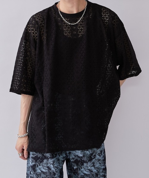 Lui's（ルイス）の「6分袖クロシェ編みプルオーバー（Tシャツ/カットソー・メンズ・ブラック/ホワイト系その他・FREE）」の2枚目の写真