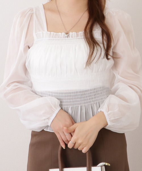 セール】スクエアネックギャザーフリル長袖ブラウス（シャツ/ブラウス